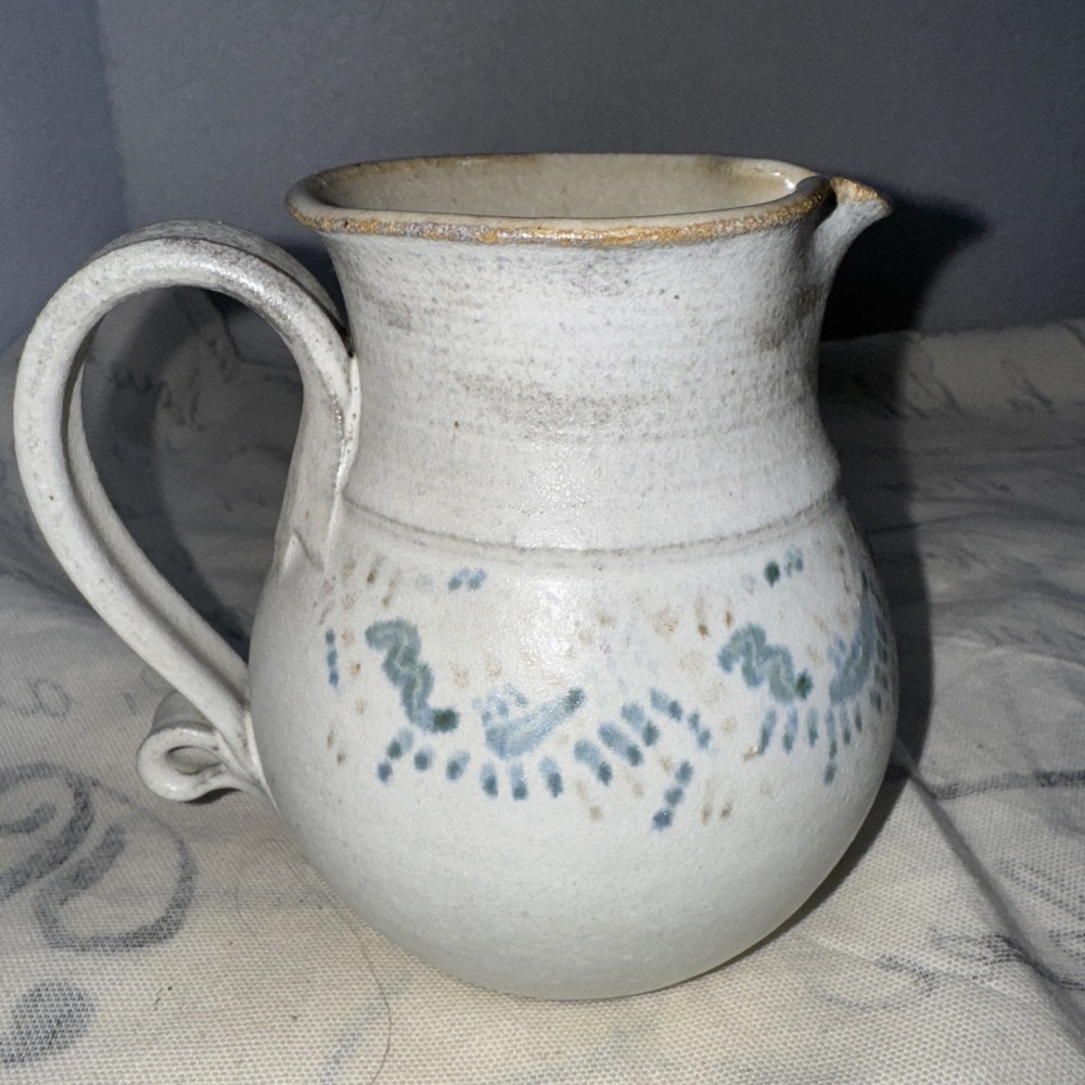 Vintage Studio Pottery Mini Pitcher Grey Stoneware Blue‎ Design  4.75" Tall
